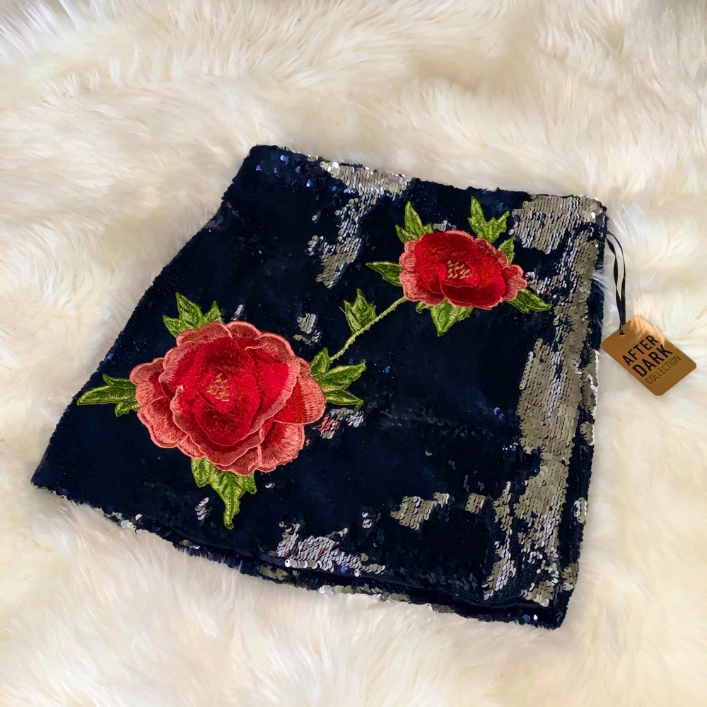 Rose Embroidered Reversible Sequin Mini Skirt Perfect For Valentines Day!
